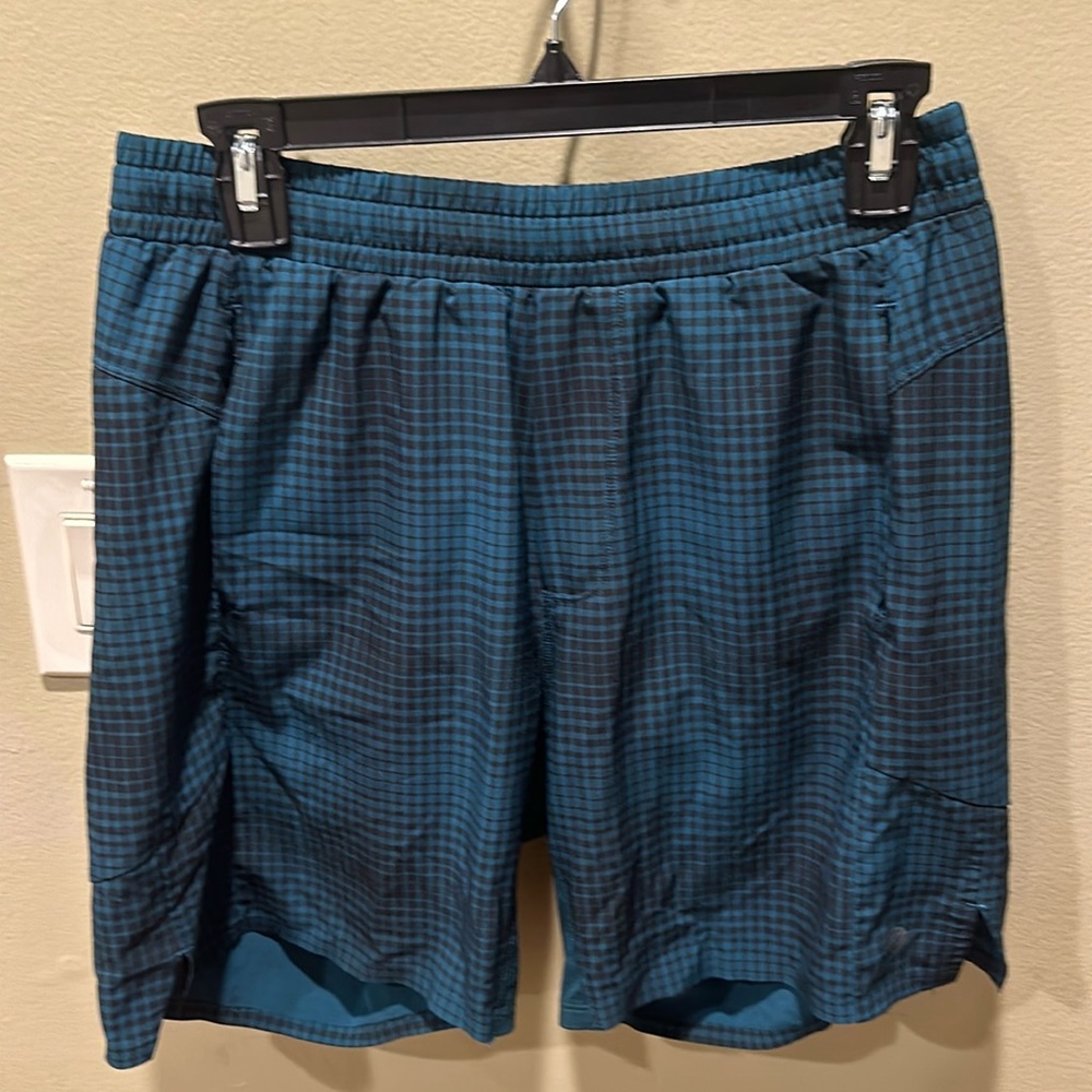 EUC MPG Dark Teal Check Swim Trunks Board Shorts with 2nd shorts inside Sz M